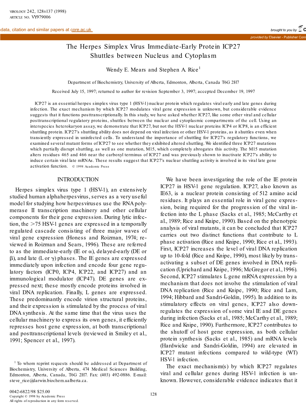 The Herpes Simplex Virus Immediate-Early Protein ICP27 Shuttles Between Nucleus and Cytoplasm