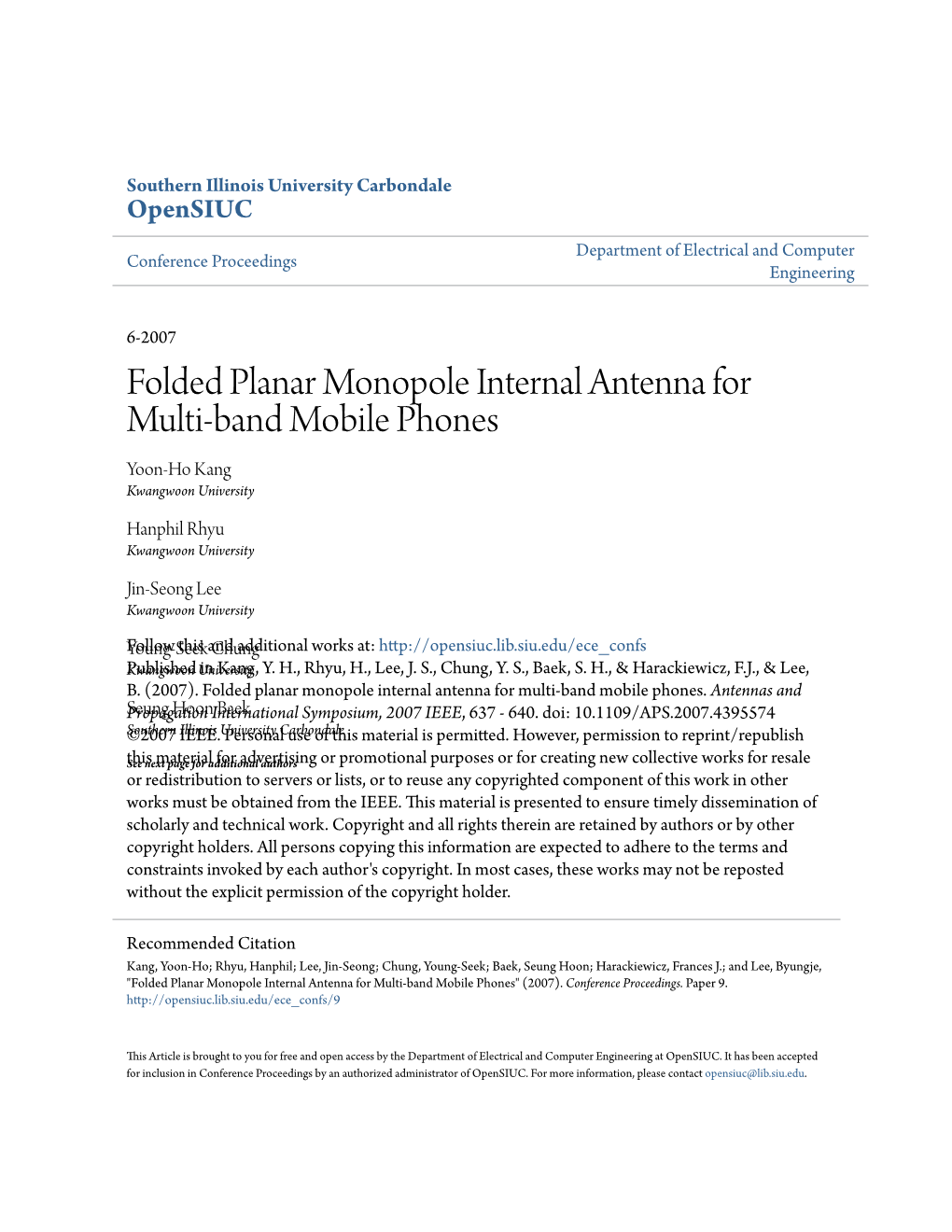 Folded Planar Monopole Internal Antenna for Multi-Band Mobile Phones Yoon-Ho Kang Kwangwoon University