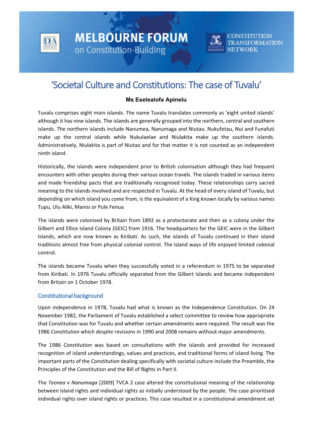 'Societal Culture and Constitutions: the Case of Tuvalu'