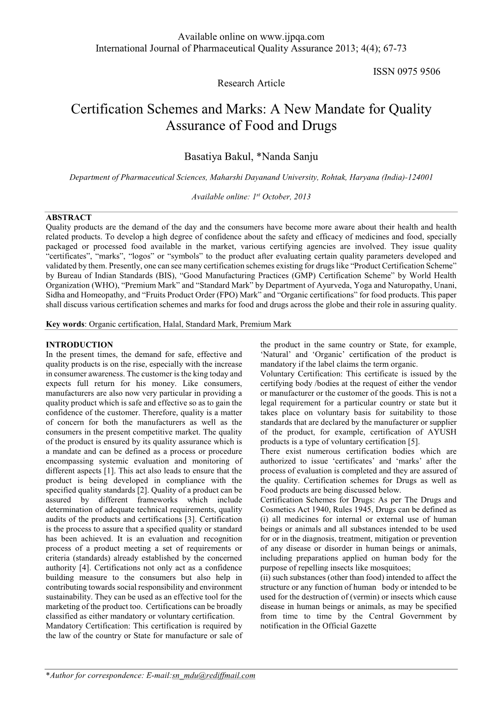 Certification Schemes and Marks: a New Mandate for Quality Assurance of Food and Drugs