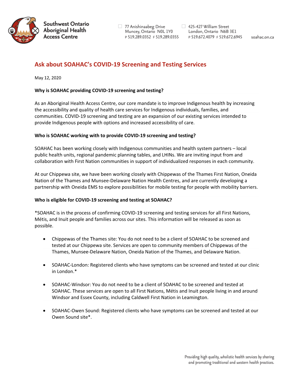 Ask About SOAHAC's COVID-19 Screening and Testing Services