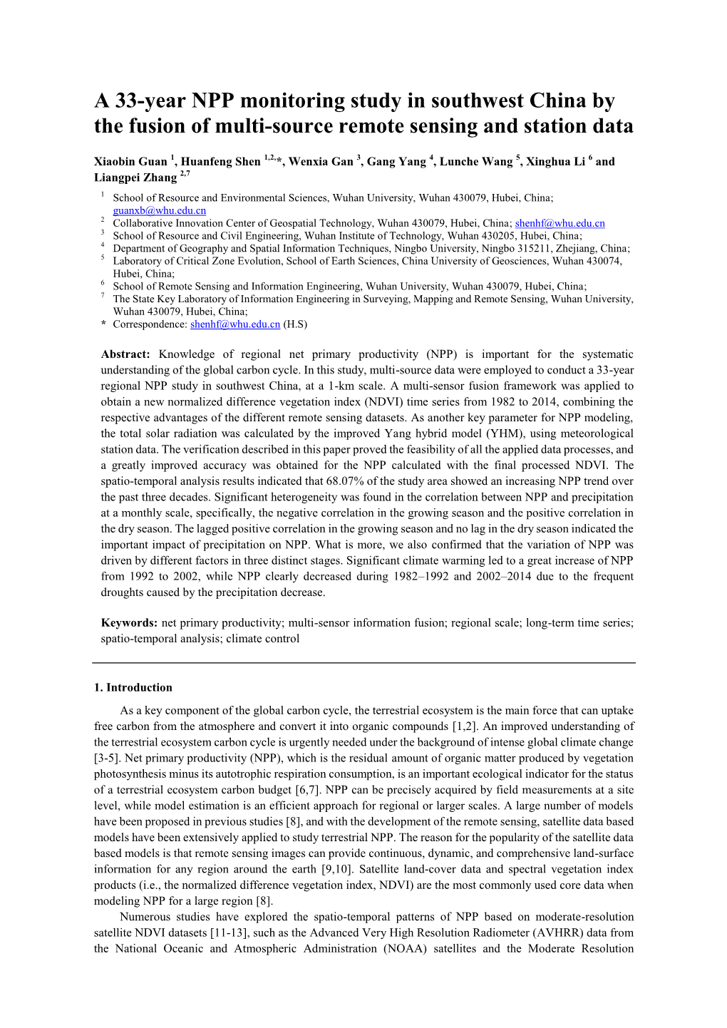 A 33-Year NPP Monitoring Study in Southwest China by the Fusion of Multi-Source Remote Sensing and Station Data