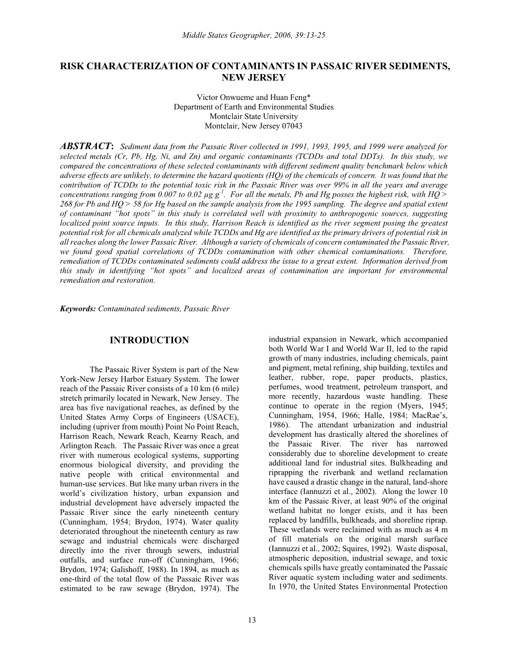 Risk Characterization of Contaminants in Passaic River Sediments, New Jersey