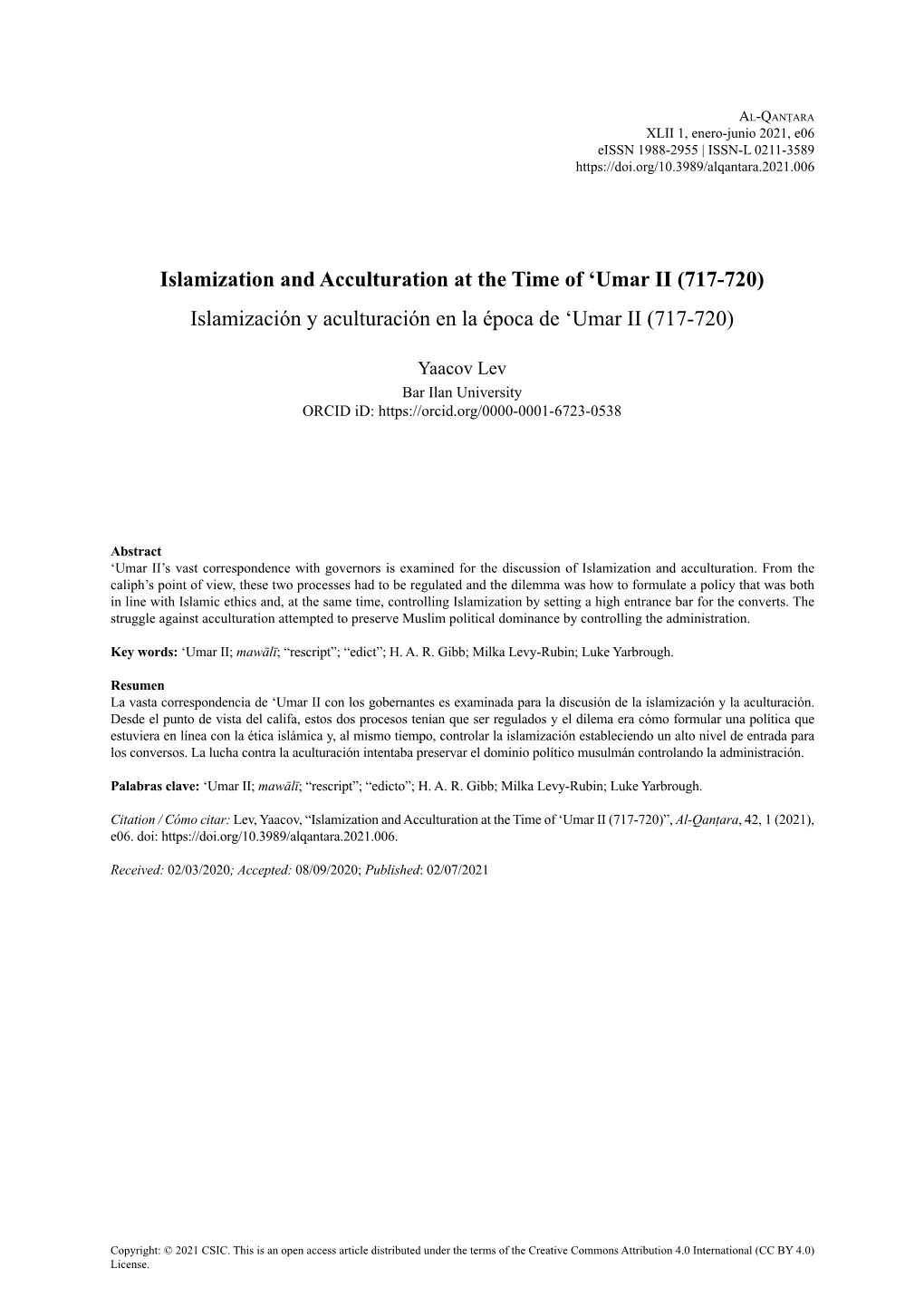 Islamization and Acculturation at the Time of ʻumar II (717-720) Islamización Y Aculturación En La Época De ʻumar II (717-720)