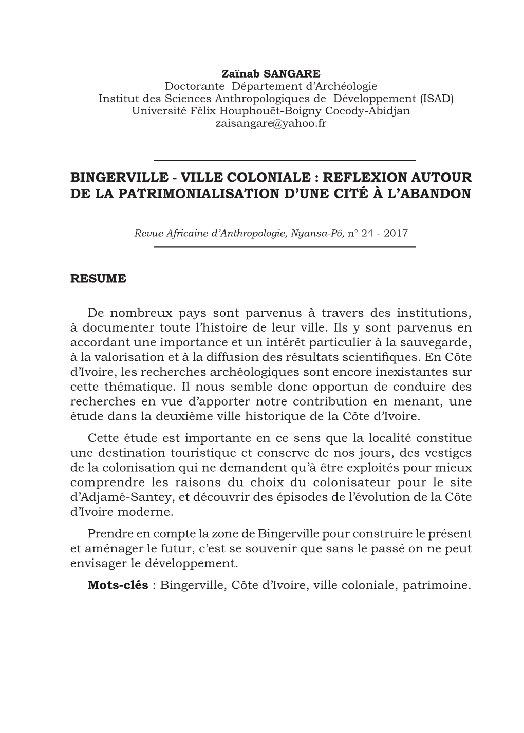 Bingerville - Ville Coloniale : Reflexion Autour De La Patrimonialisation D’Une Cité À L’Abandon