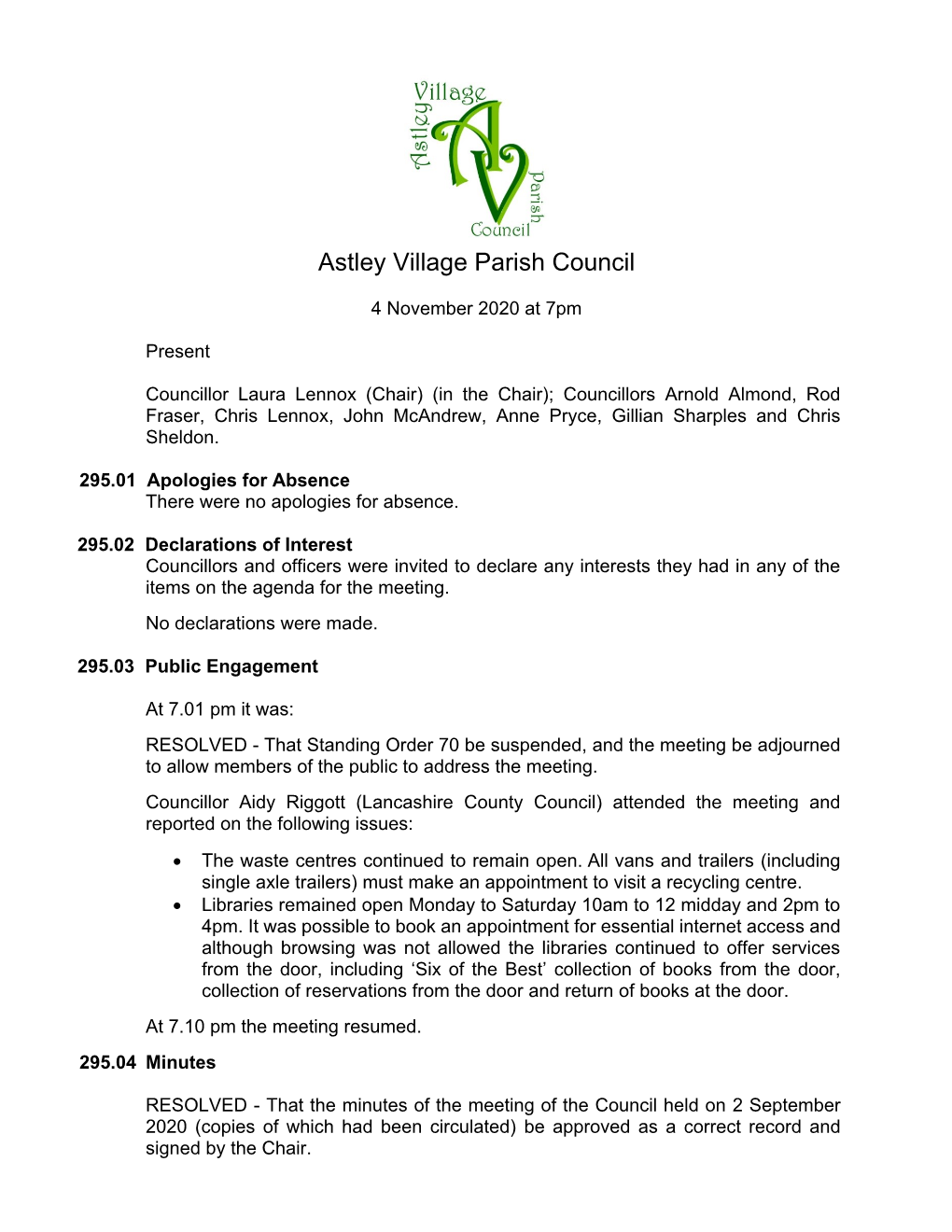 Minutes of the Council Meeting Held on 4 November 2020