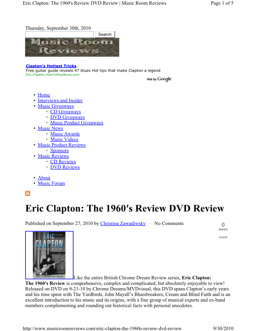 Eric Clapton: the 1960′S Review DVD Review