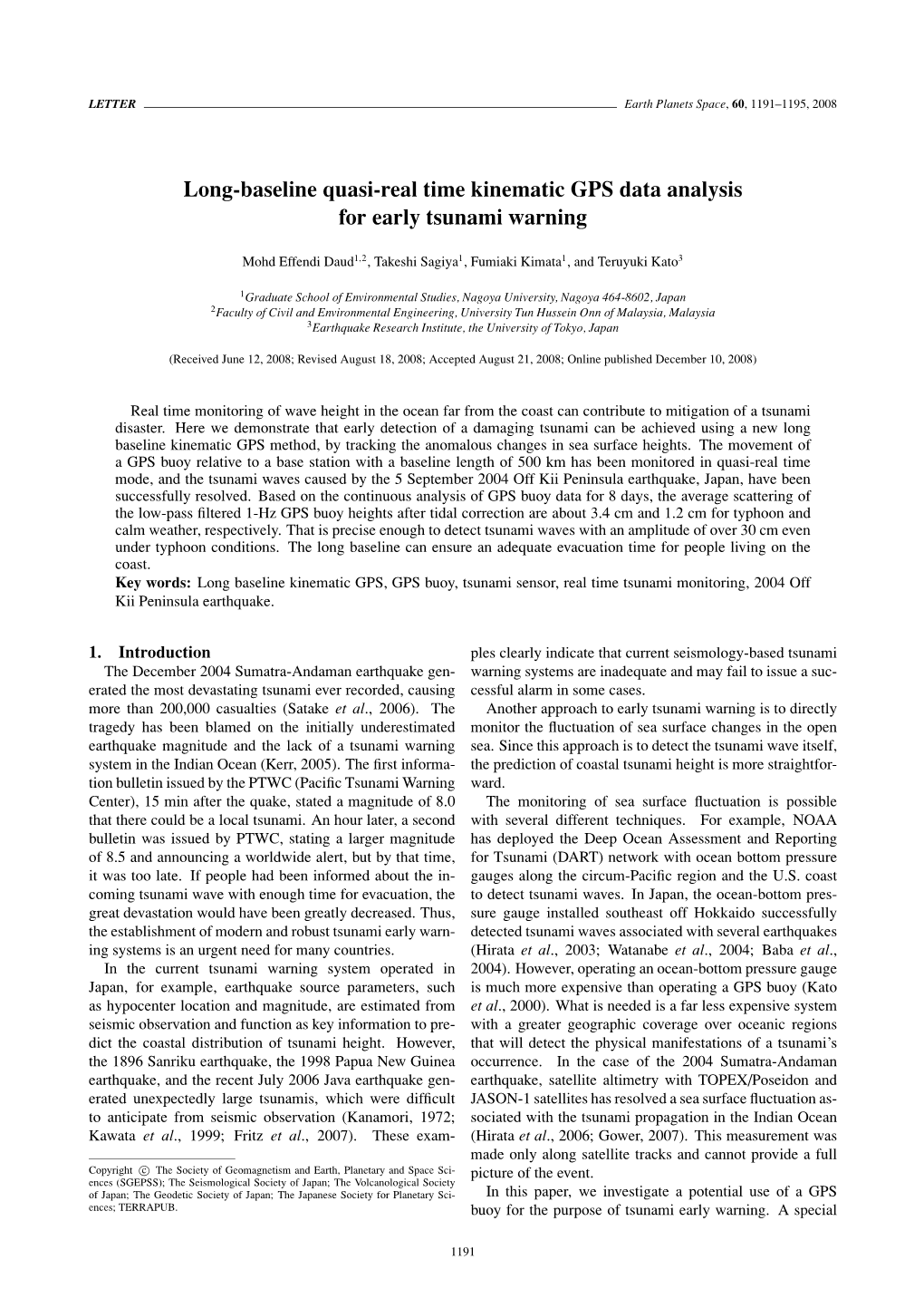 Long-Baseline Quasi-Real Time Kinematic GPS Data Analysis for Early Tsunami Warning