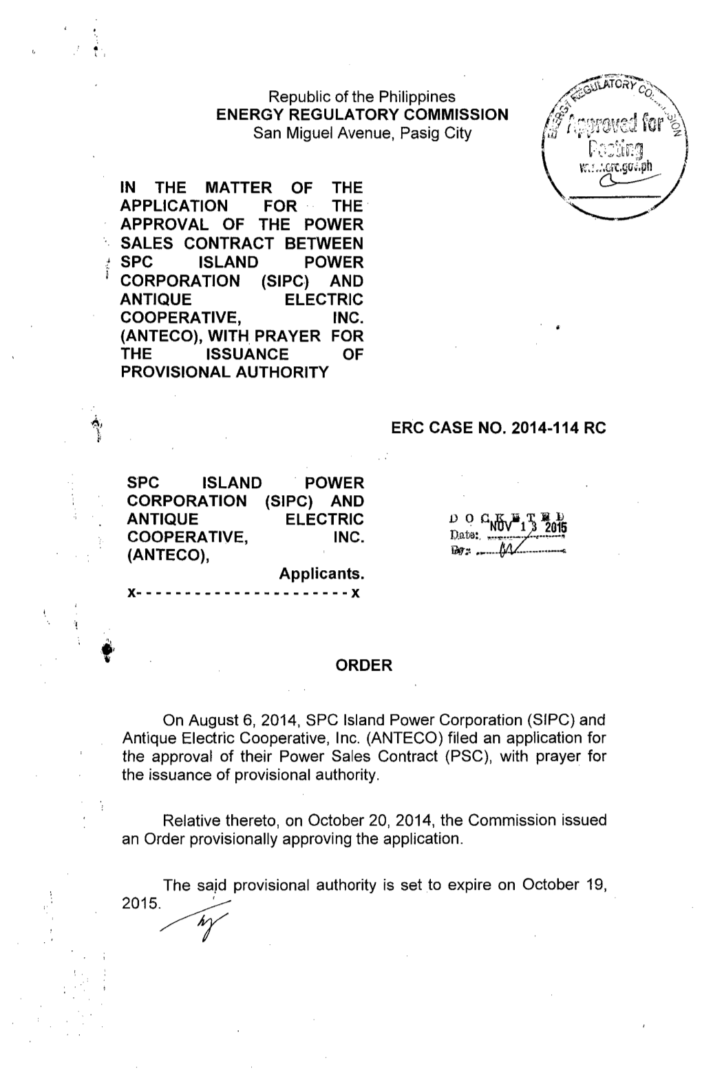 Toplsipc and ANTECO Psa ~-Eac·- ' OJ]Lce of the Chairman ERC CASE NO