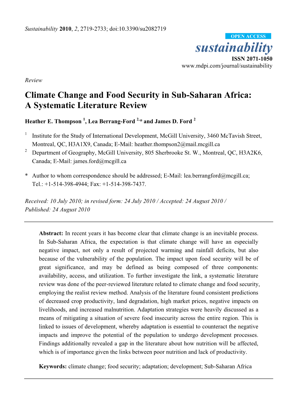Climate Change and Food Security in Sub-Saharan Africa: a Systematic Literature Review