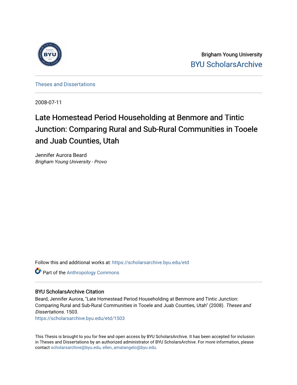 Late Homestead Period Householding at Benmore and Tintic Junction: Comparing Rural and Sub-Rural Communities in Tooele and Juab Counties, Utah