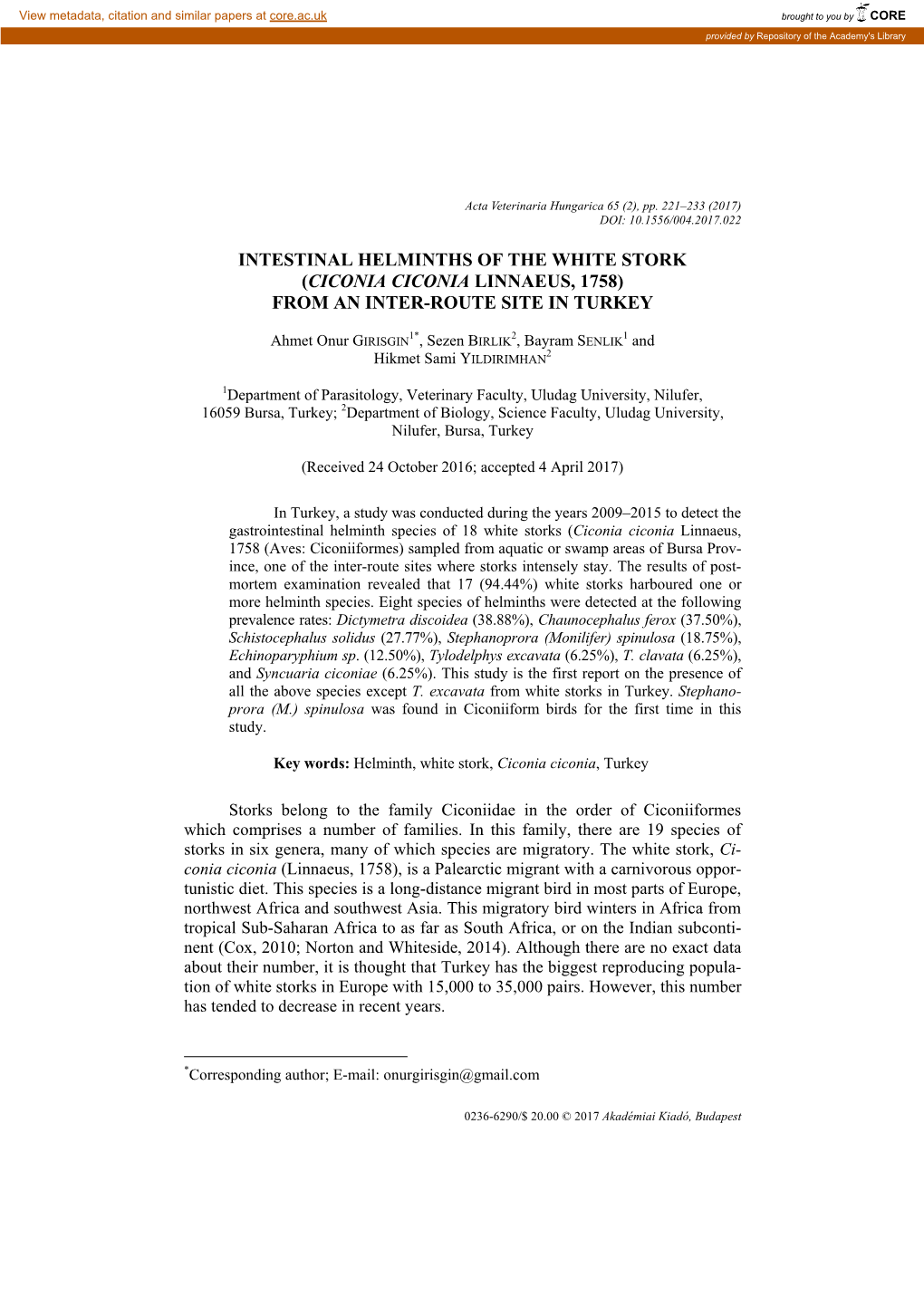 Intestinal Helminths of the White Stork (Ciconia Ciconia Linnaeus, 1758) from an Inter-Route Site in Turkey