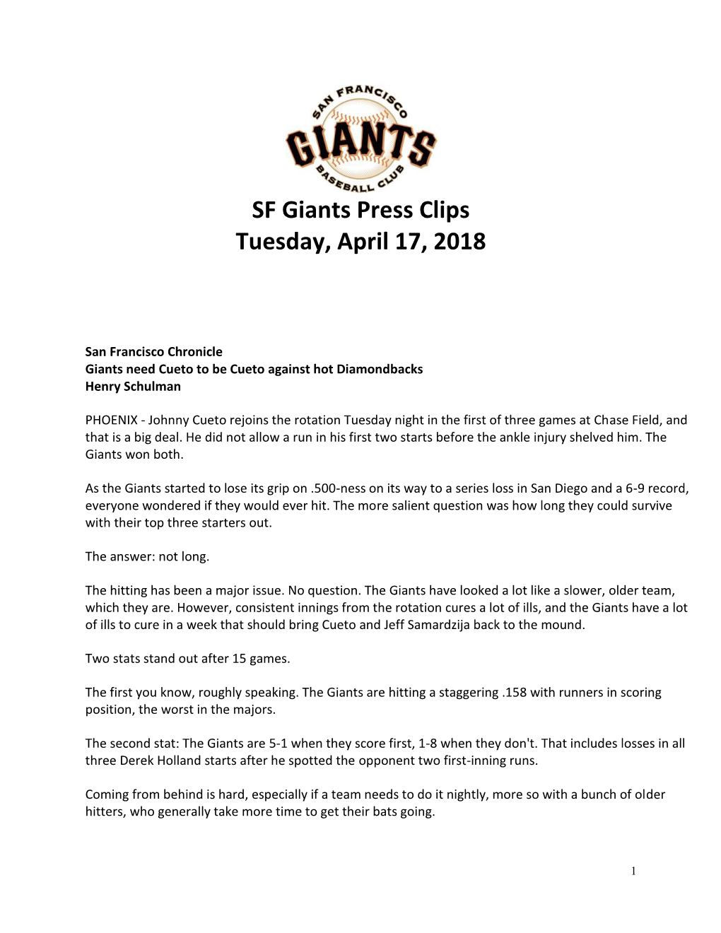SF Giants Press Clips Tuesday, April 17, 2018