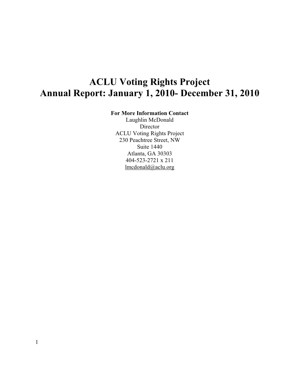 ACLU Voting Rights Project Annual Report: January 1, 2010- December 31, 2010