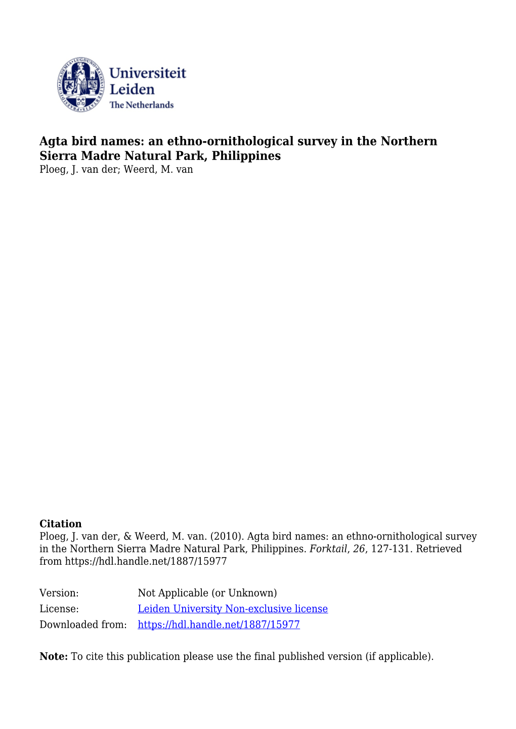 Agta Bird Names: an Ethno-Ornithological Survey in the Northern Sierra Madre Natural Park, Philippines Ploeg, J