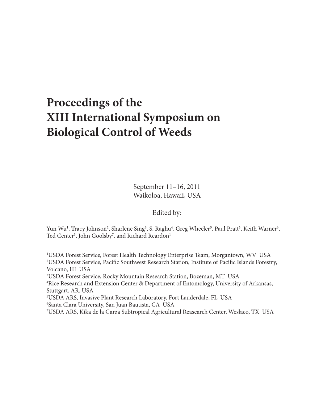 Proceedings of the XIII International Symposium on Biological Control of Weeds