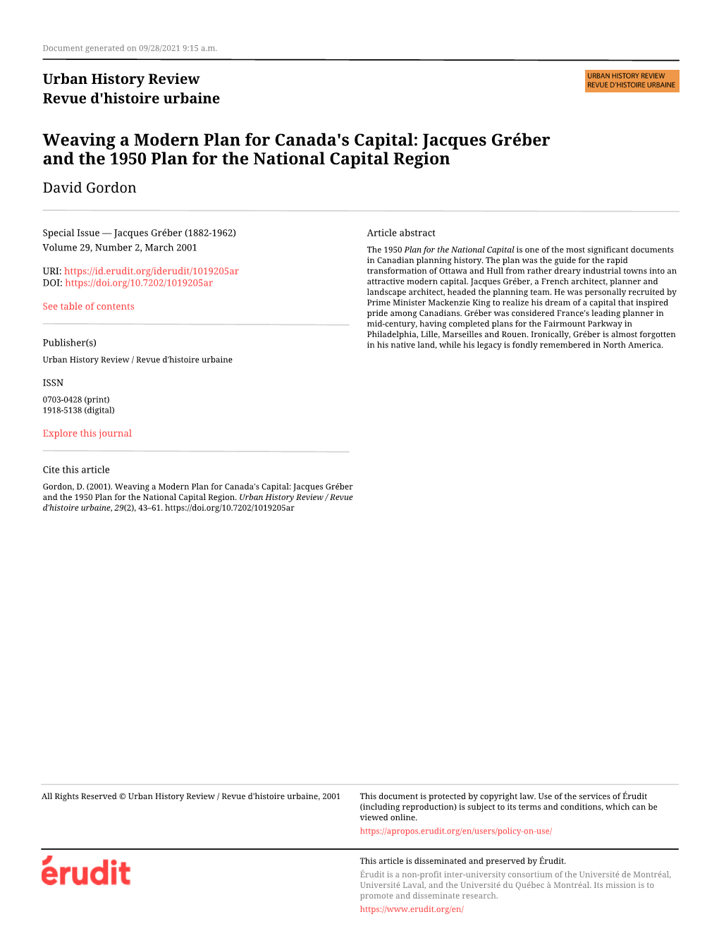 Weaving a Modern Plan for Canada's Capital: Jacques Gréber and the 1950 Plan for the National Capital Region David Gordon