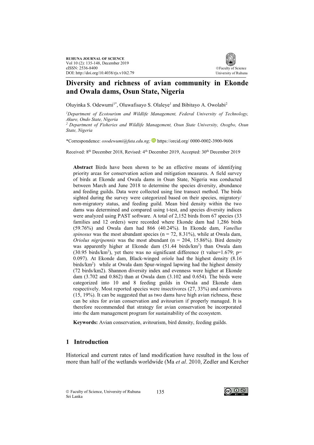 Diversity and Richness of Avian Community in Ekonde and Owala Dams, Osun State, Nigeria