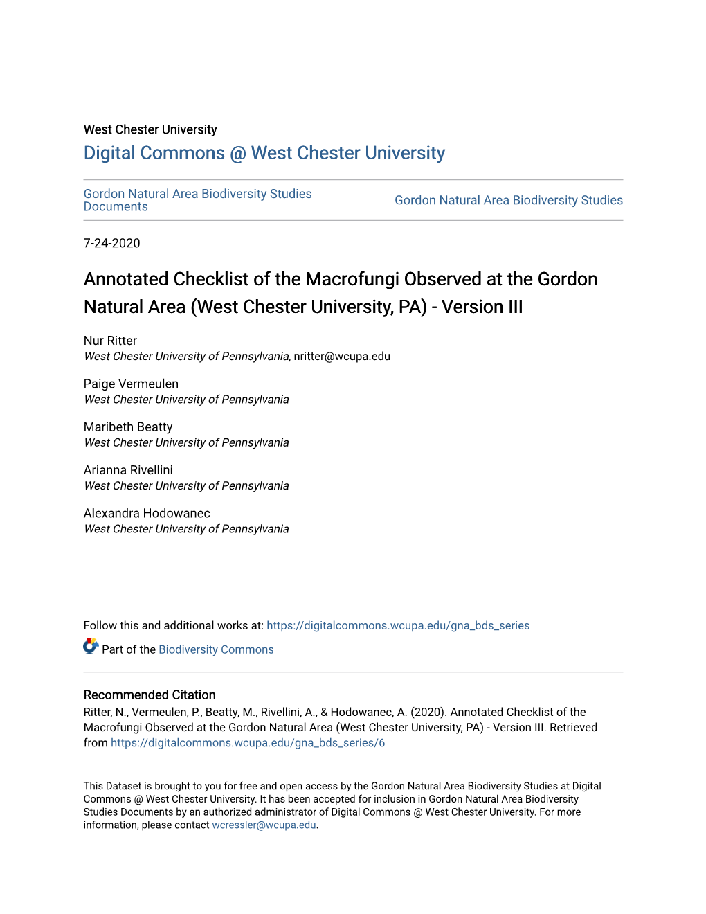 Annotated Checklist of the Macrofungi Observed at the Gordon Natural Area (West Chester University, PA) - Version III