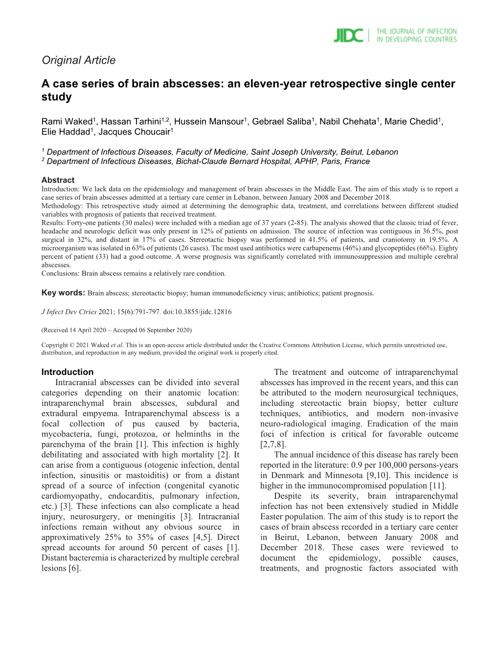 Original Article a Case Series of Brain Abscesses: an Eleven-Year