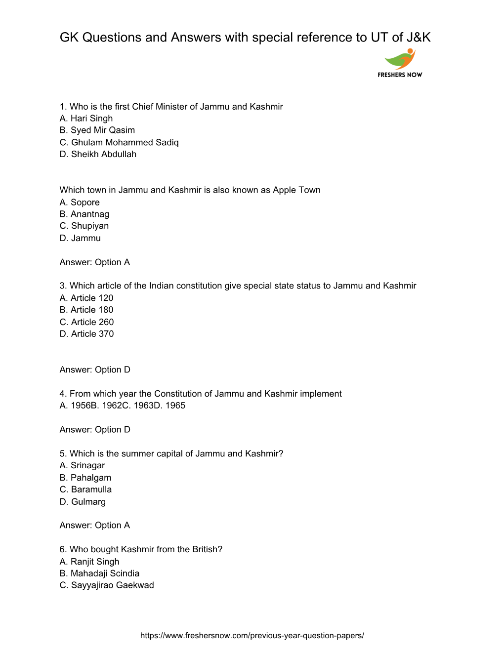 GK Questions and Answers with Special Reference to UT of J&K