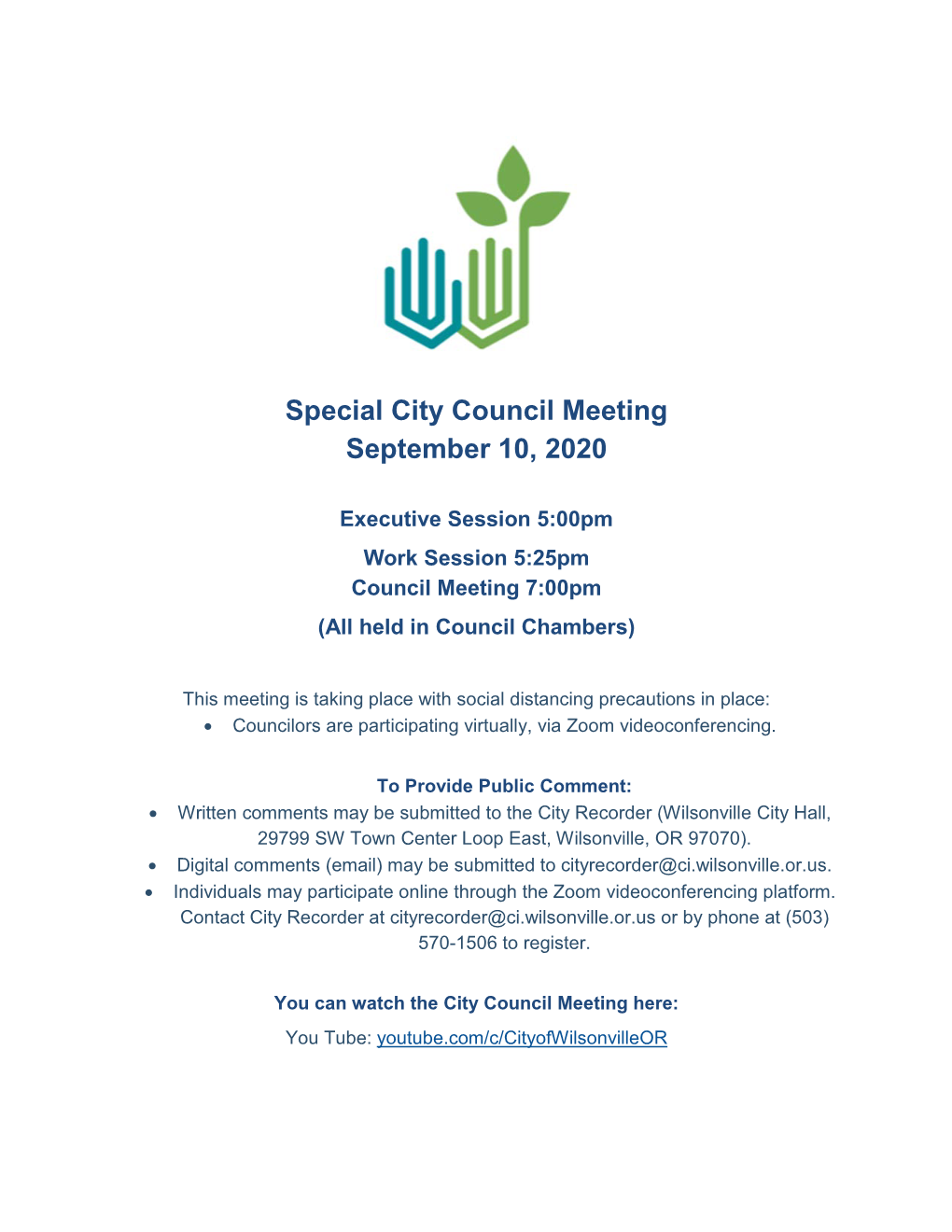 Special City Council Meeting September 10, 2020