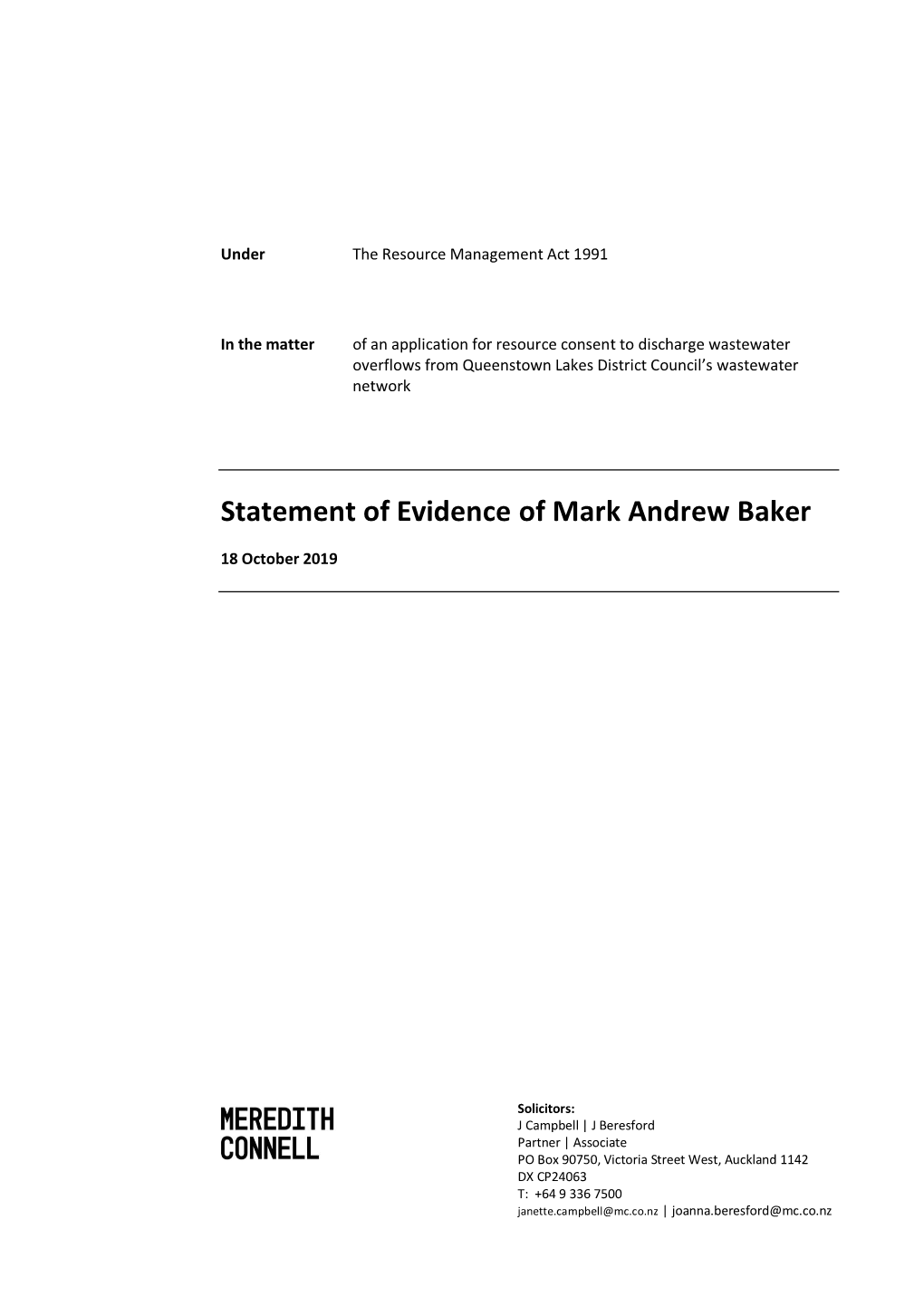 Statement of Evidence of Mark Andrew Baker