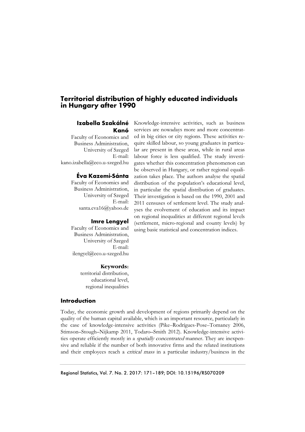 Regional Statistics, Volume 7, No 2