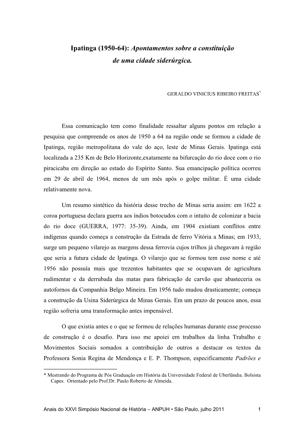 Ipatinga (1950-64): Apontamentos Sobre a Constituição De Uma Cidade Siderúrgica
