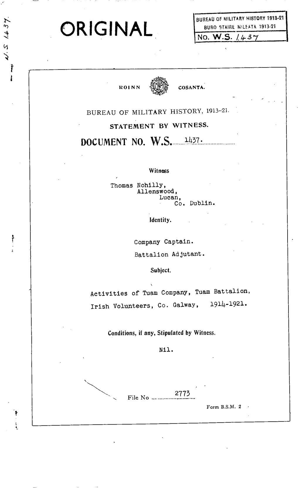 ROINN COSANTA. BUREAU of MILITARY HISTORY, 1913-21. STATEMENT by WITNESS. DOCUMENT NO. W.S. 1437 Witness Thomas Nohilly, Allensw