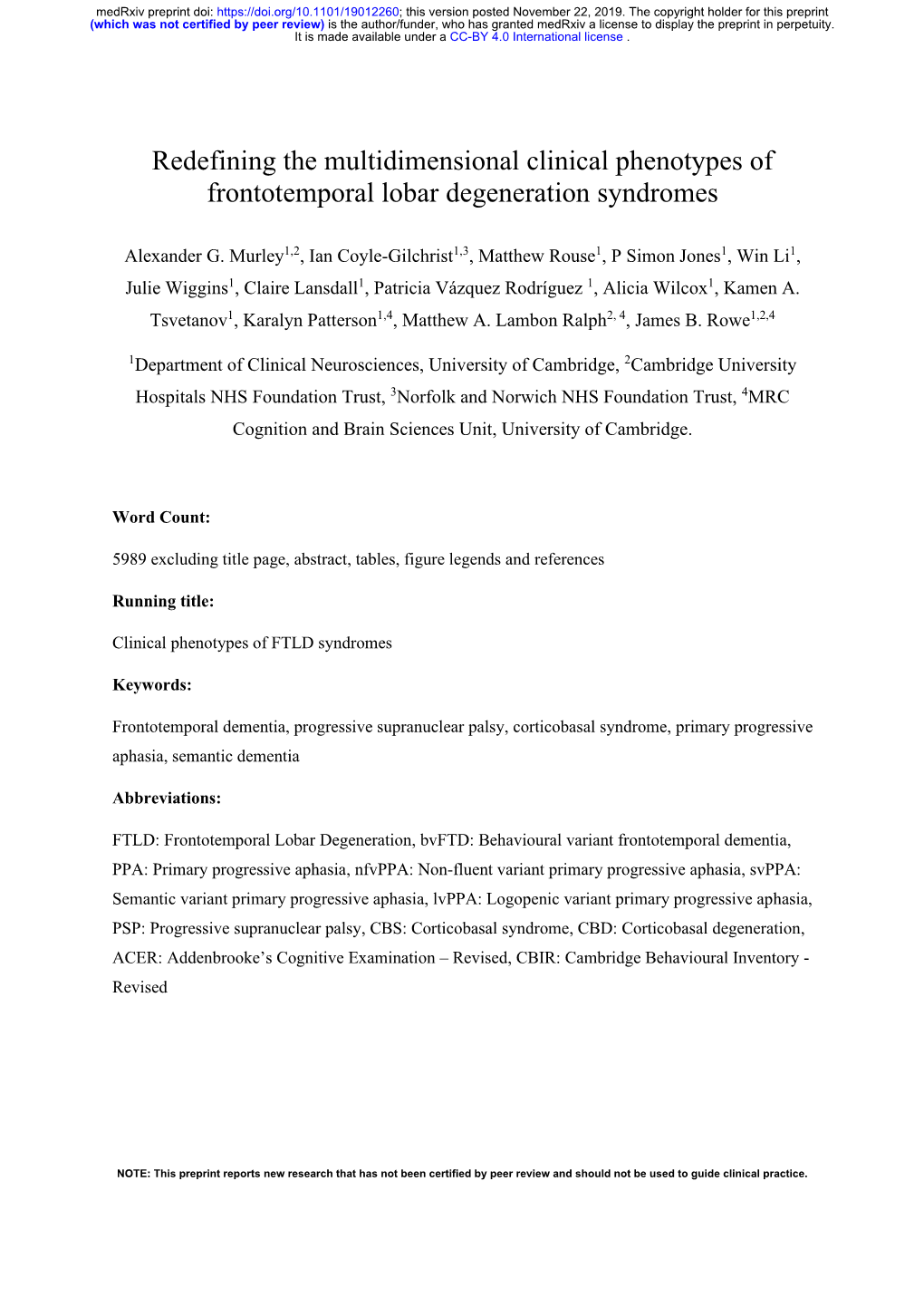 Redefining the Multidimensional Clinical Phenotypes of Frontotemporal Lobar Degeneration Syndromes