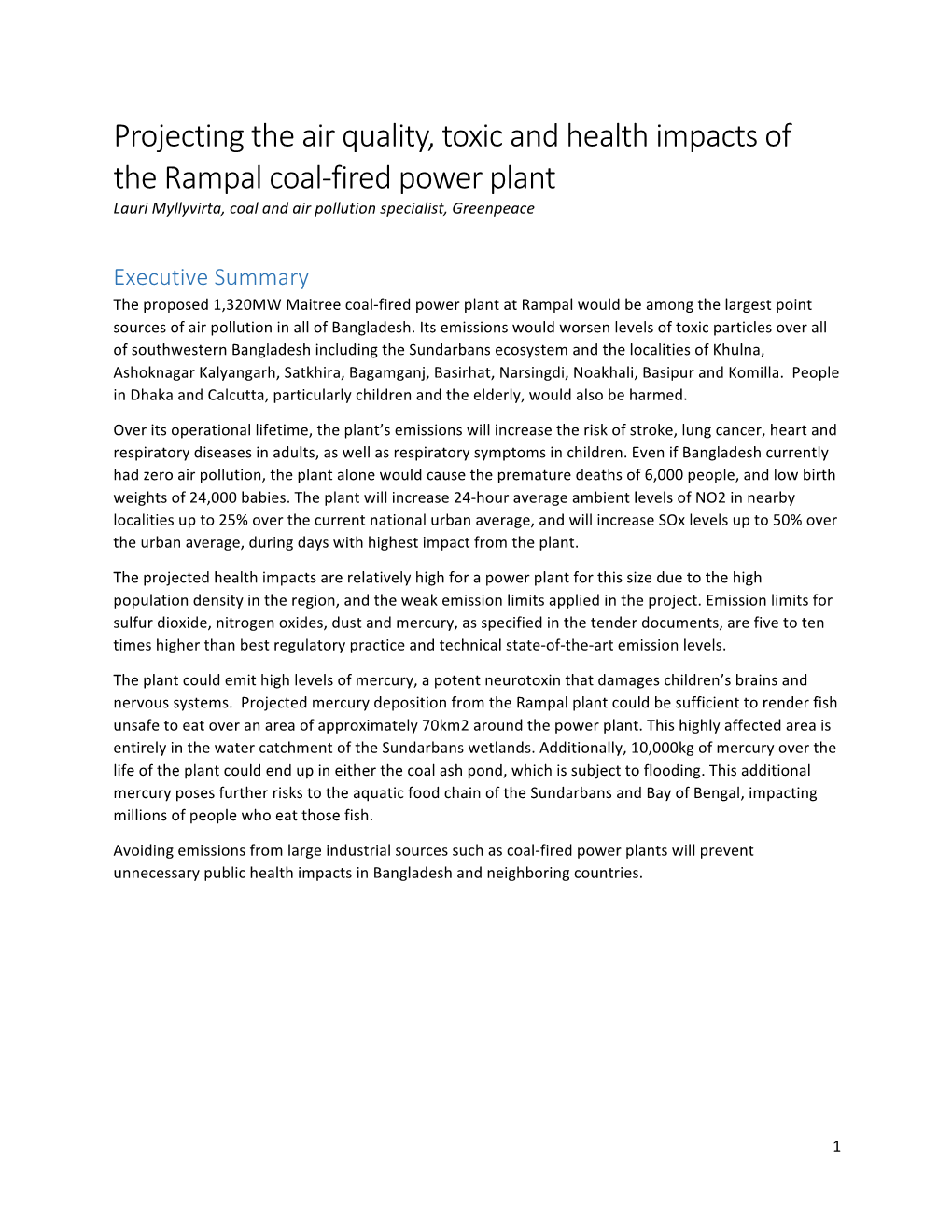 Projecting the Air Quality, Toxic and Health Impacts of the Rampal Coal-‐Fired Power Plant