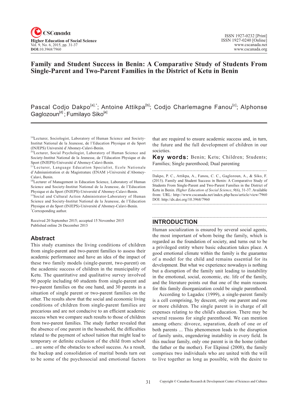 Family and Student Success in Benin: a Comparative Study of Students from Single-Parent and Two-Parent Families in the District of Ketu in Benin