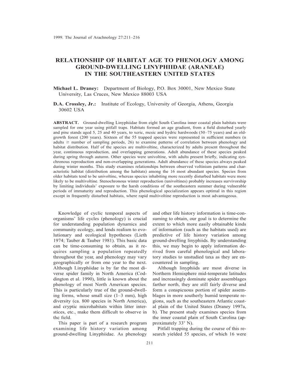 Relationship of Habitat Age to Phenology Among Ground-Dwelling Linyphiidae (Araneae) in the Southeastern United States