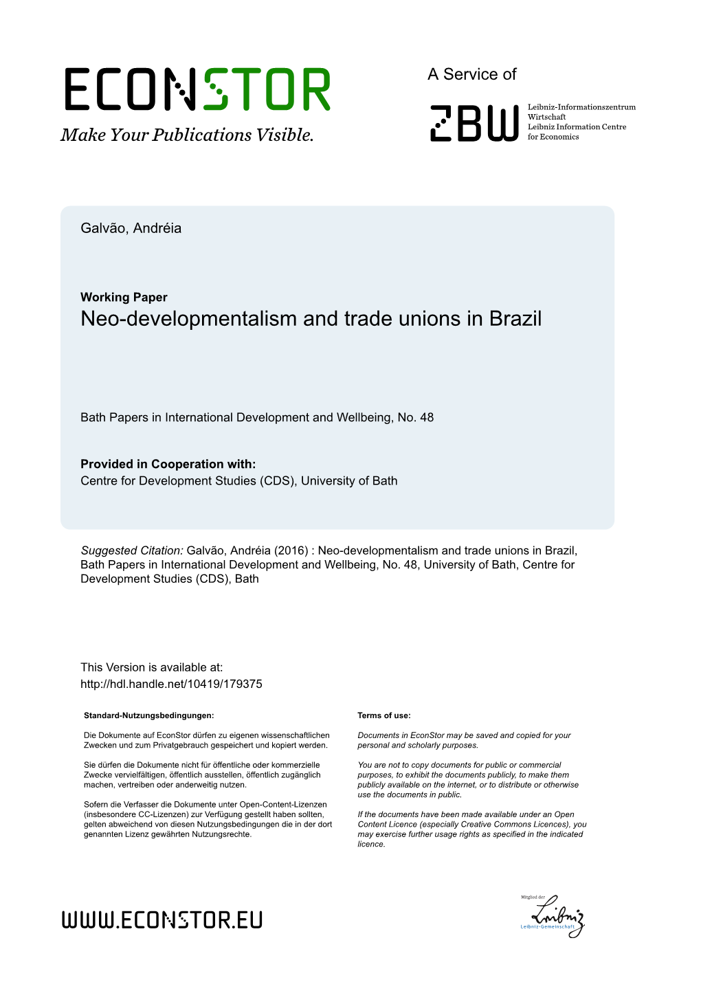 Neo-Developmentalism and Trade Unions in Brazil