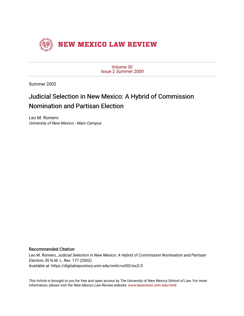 Judicial Selection in New Mexico: a Hybrid of Commission Nomination and Partisan Election