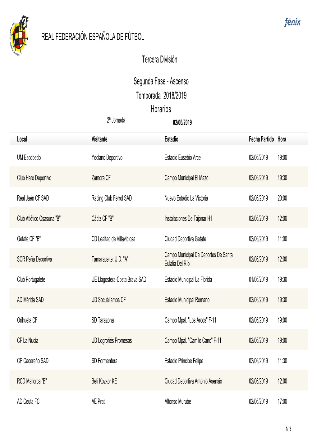 Horarios Tercera División REAL FEDERACIÓN ESPAÑOLA DE FÚTBOL Temporada 2018/2019 Segunda Fase