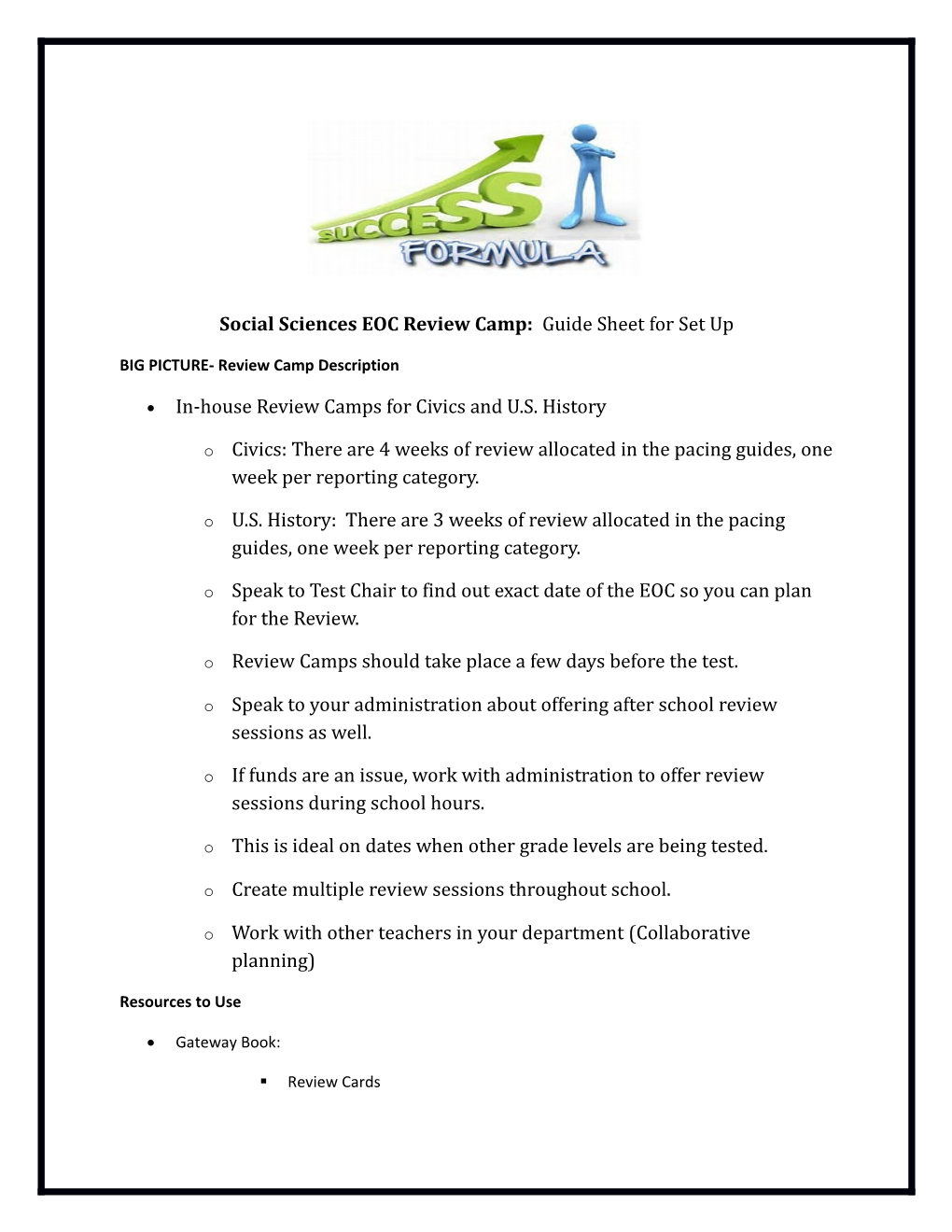 Social Sciences EOC Review Camp: Guide Sheet for Set Up