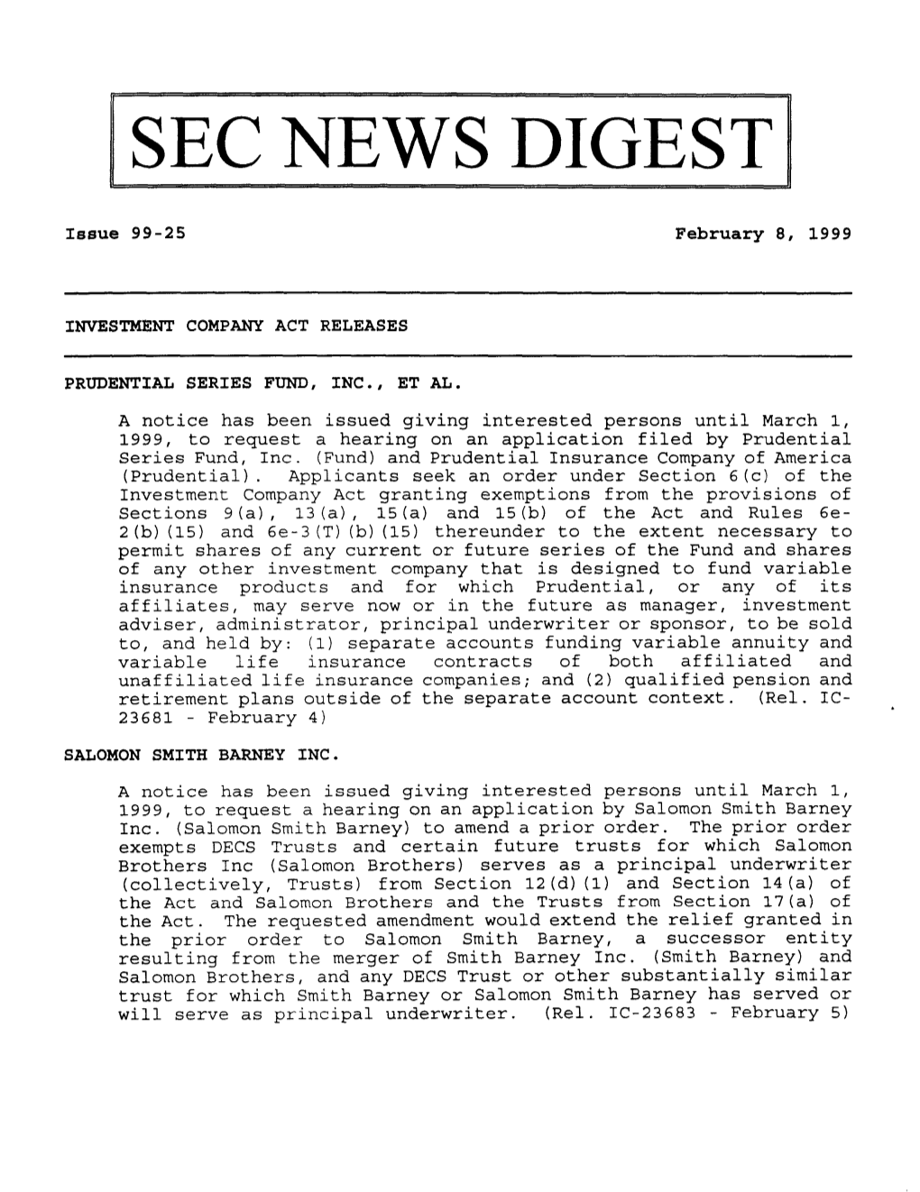 SEC News Digest, 02-08-1999