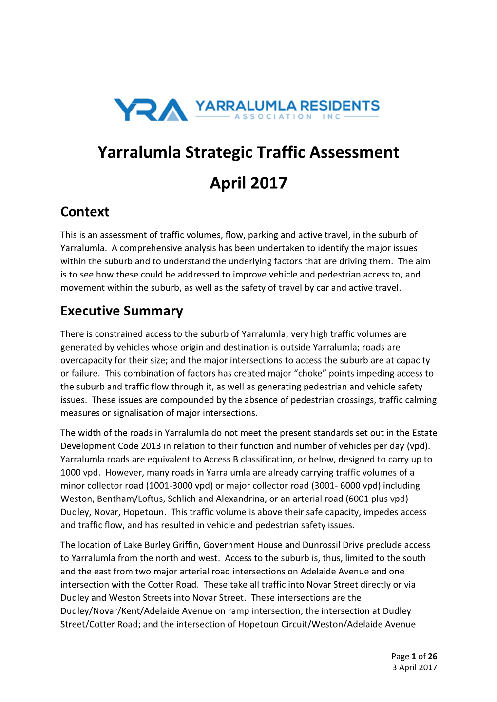 Yarralumla Strategic Traffic Assessment April 2017 Context