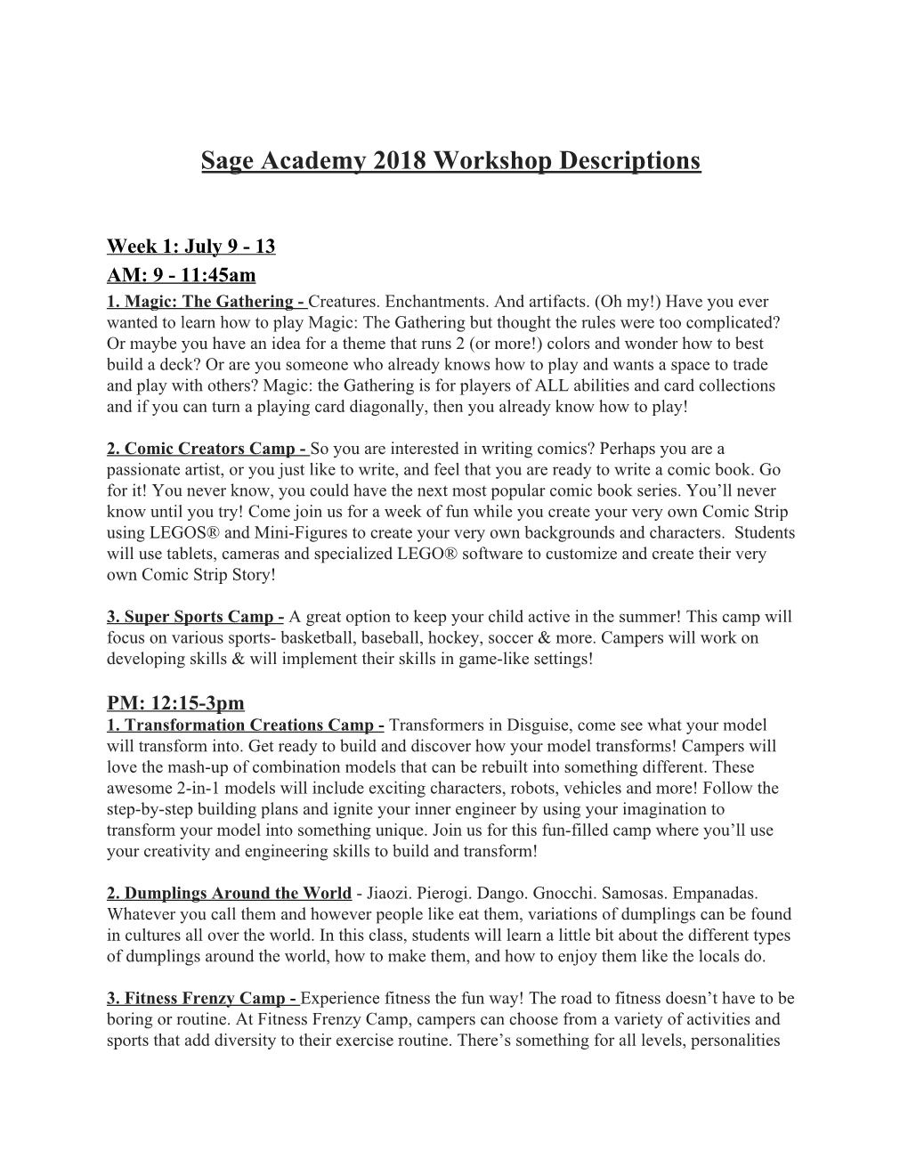 Sage Academy 2018 Workshop Descriptions