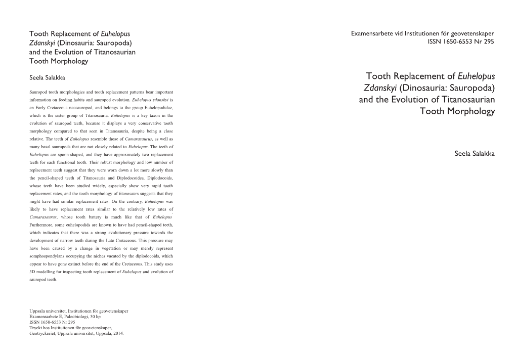 Tooth Replacement of Euhelopus Zdanskyi (Dinosauria: Sauropoda) and the Evolution of Titanosaurian Tooth Morphology