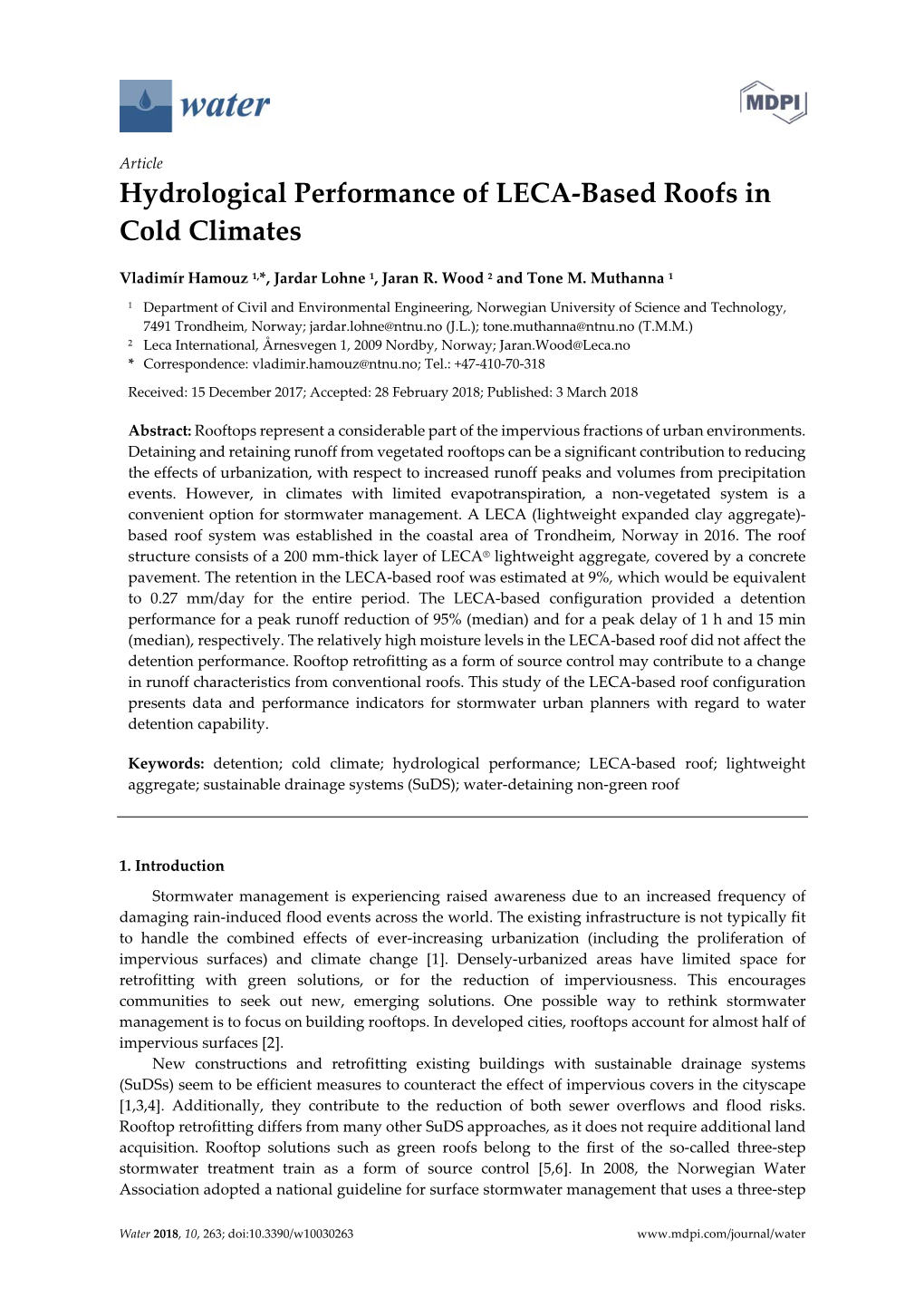 Article Hydrological Performance of LECA-Based Roofs in Cold Climates