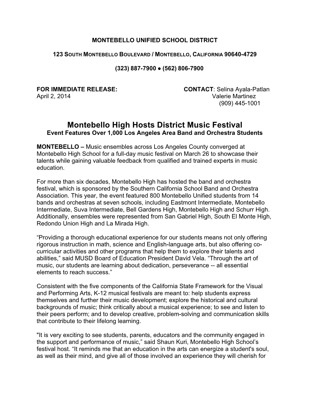 Montebello High Hosts District Music Festival Event Features Over 1,000 Los Angeles Area Band and Orchestra Students