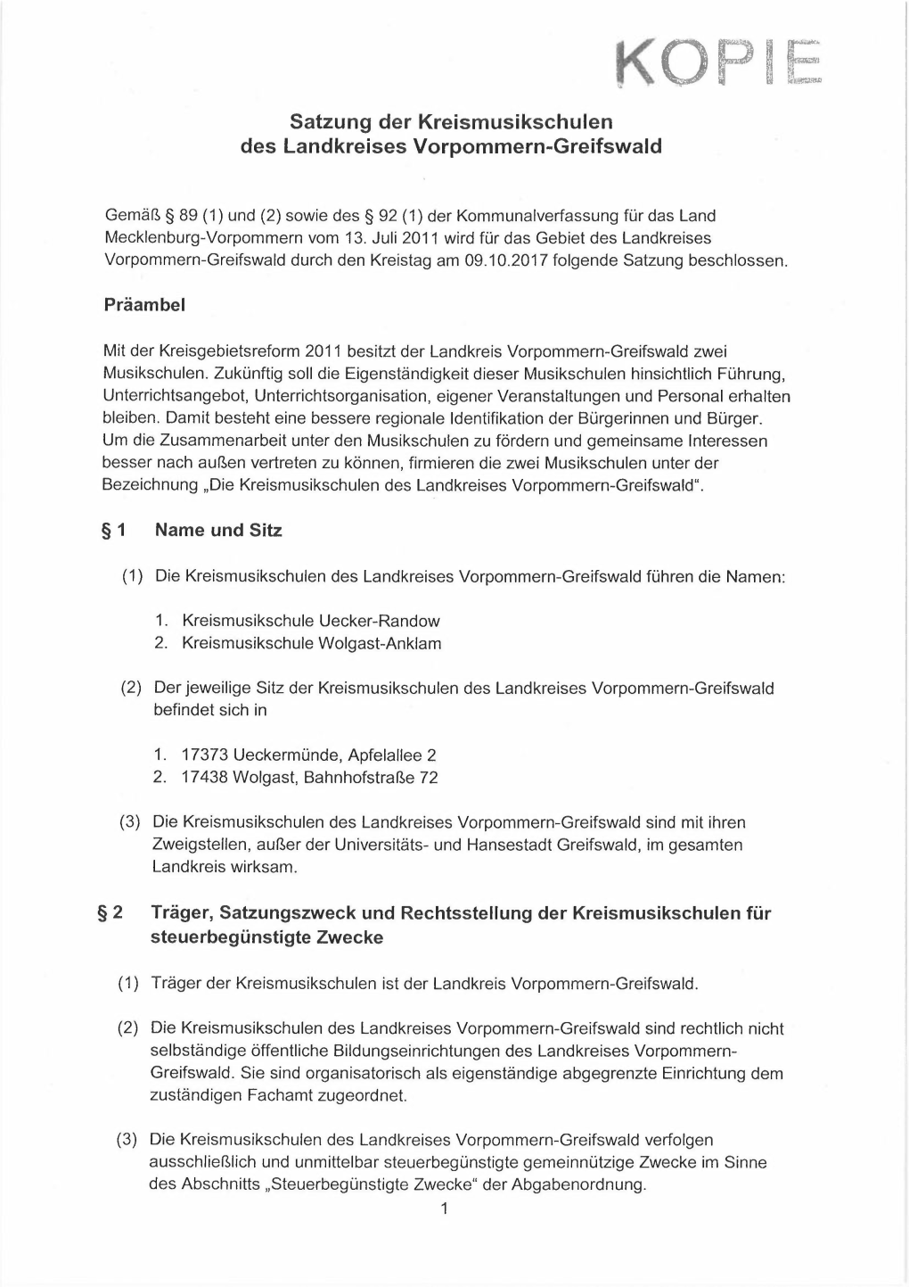 Satzung Der Kreismusikschulen Des Landkreises Vorpommern-Greifswald