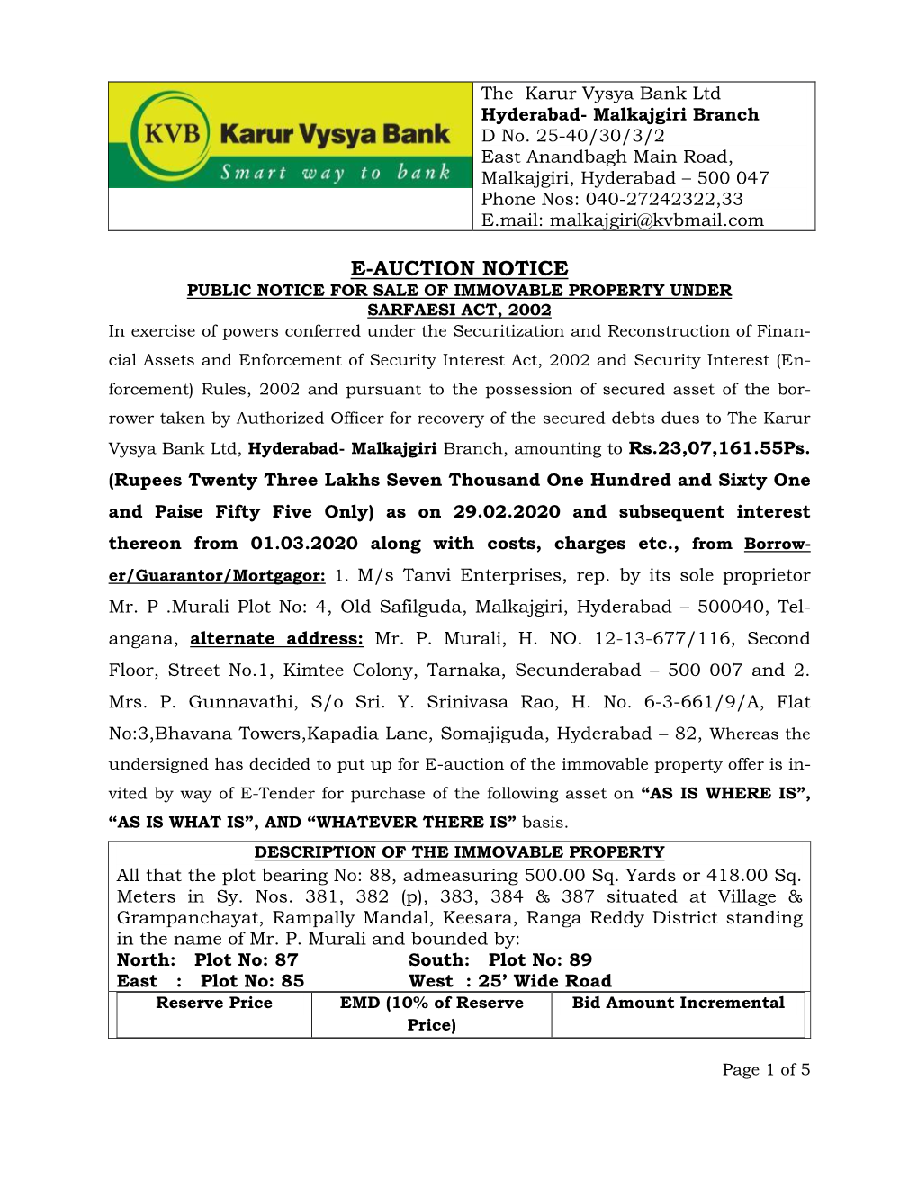 E-Auction Notice Public Notice for Sale of Immovable Property Under Sarfaesi Act, 2002