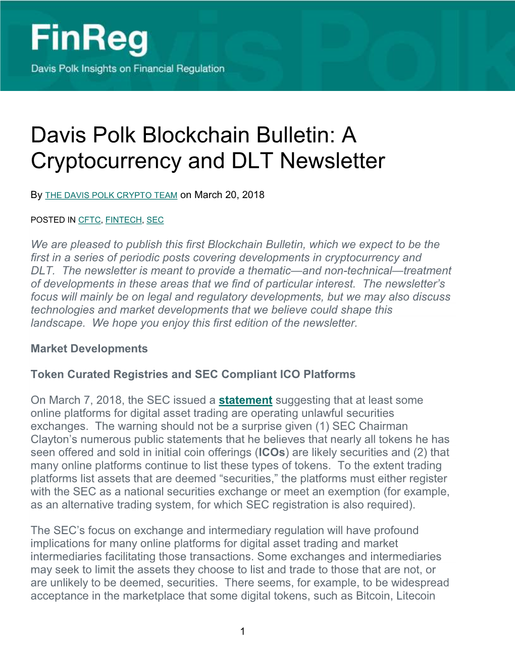 Davis Polk Blockchain Bulletin: a Cryptocurrency and DLT Newsletter