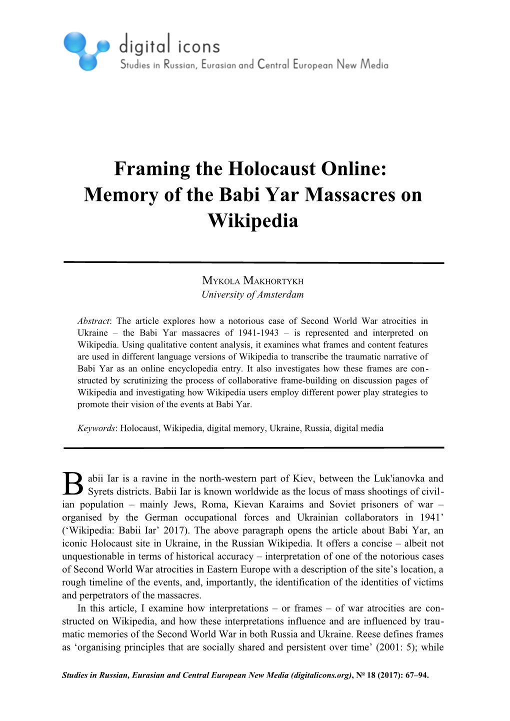 Framing the Holocaust Online: Memory of the Babi Yar Massacres on Wikipedia