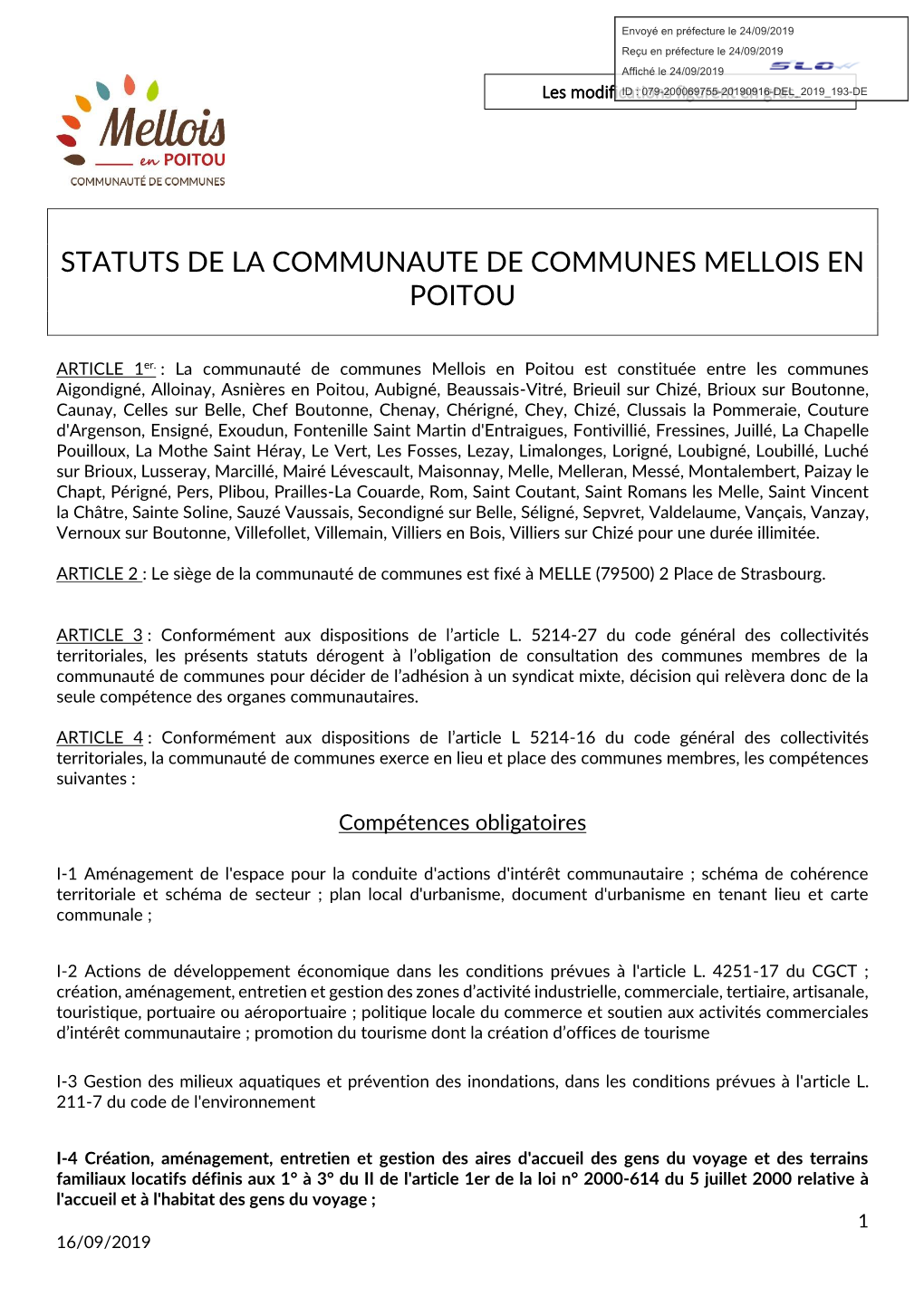 Statuts De La Communaute De Communes Mellois En Poitou