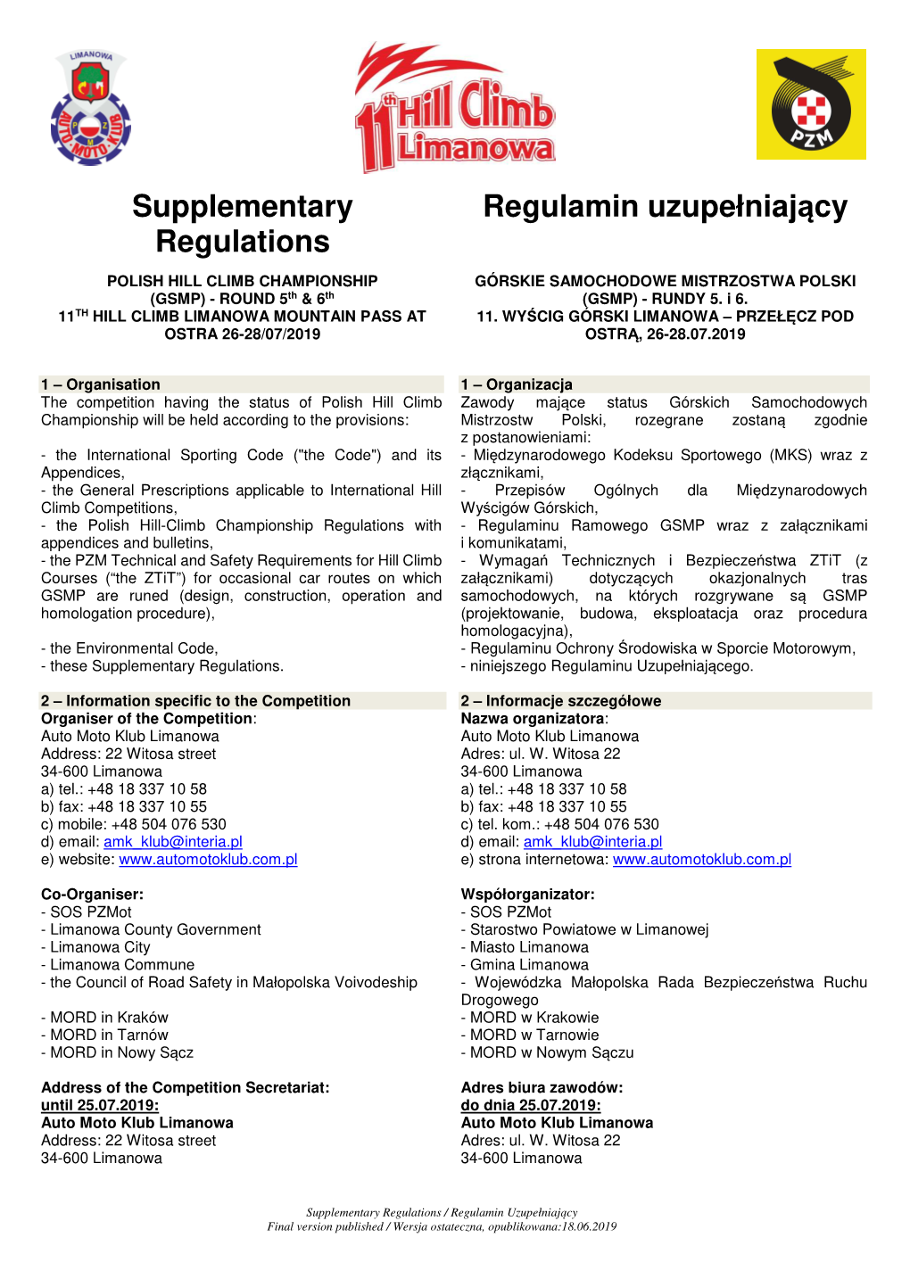 Supplementary Regulations Regulamin Uzupełniający